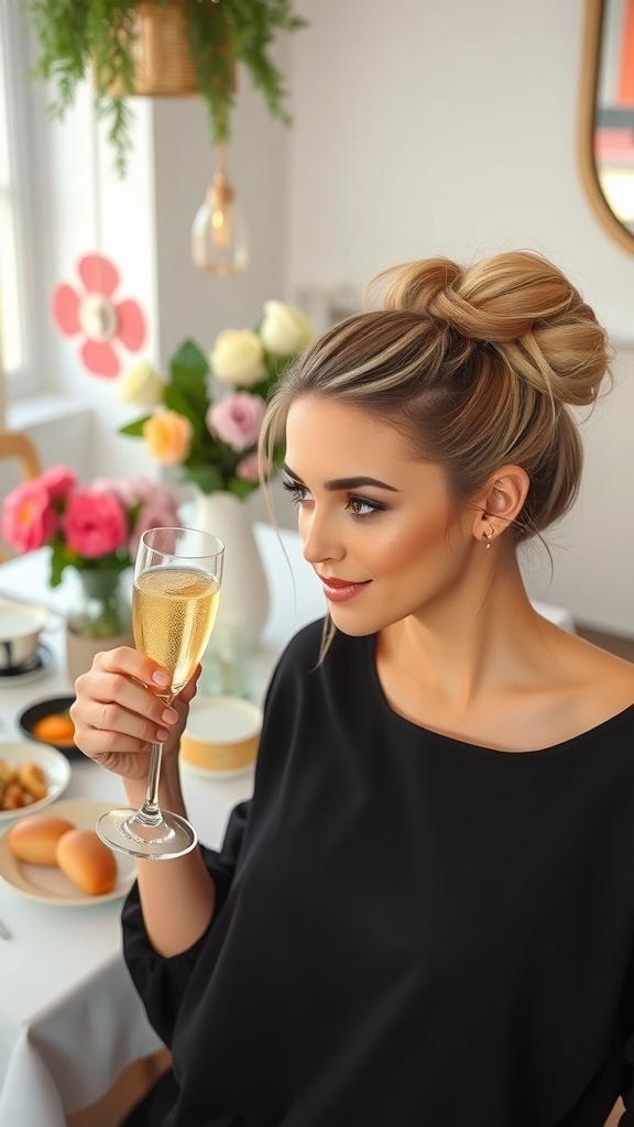 A woman with a messy bun hairstyle enjoying brunch with flowers and food on the table.